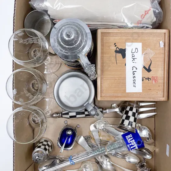 Box of Assorted Including Sake Glasses and Cutlery etc