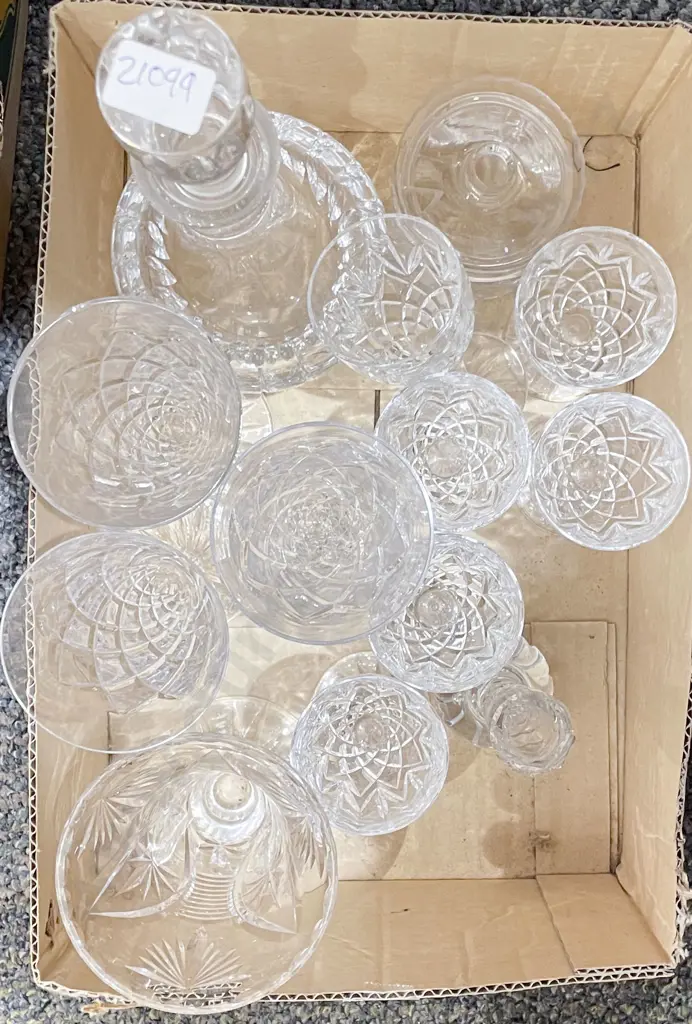 Box of Assorted Crystal and Glassware Including Decanter Image 1++