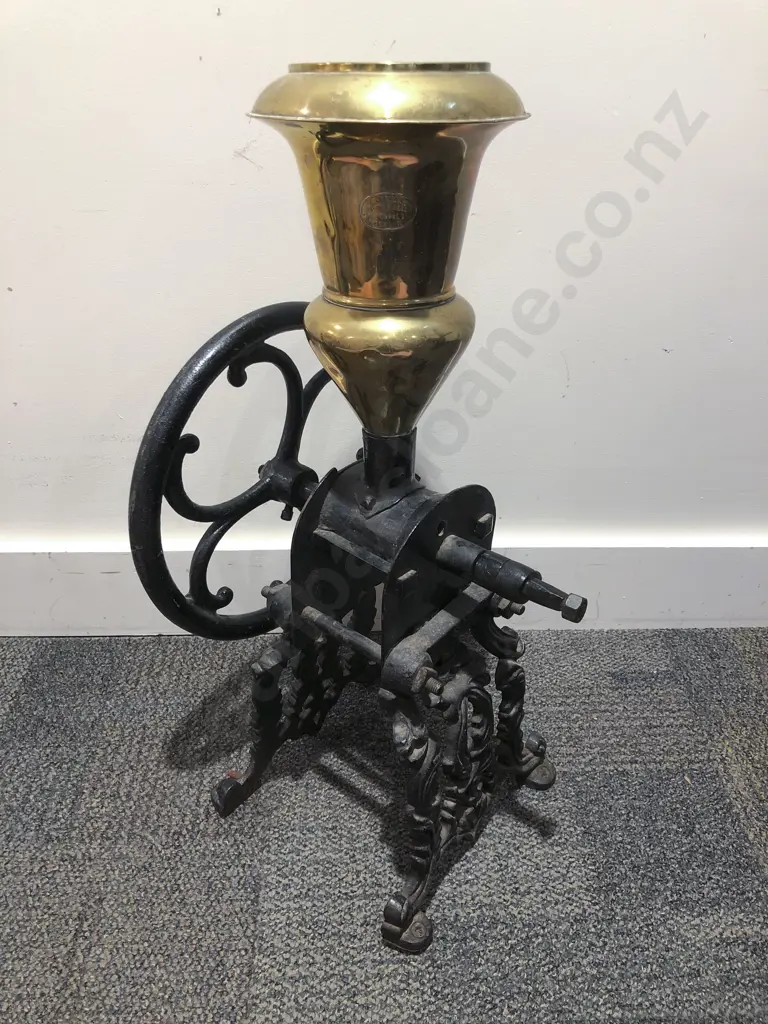 Vintage Wrought Metal Coffee Grinder with Brass Funnel Image 1++
