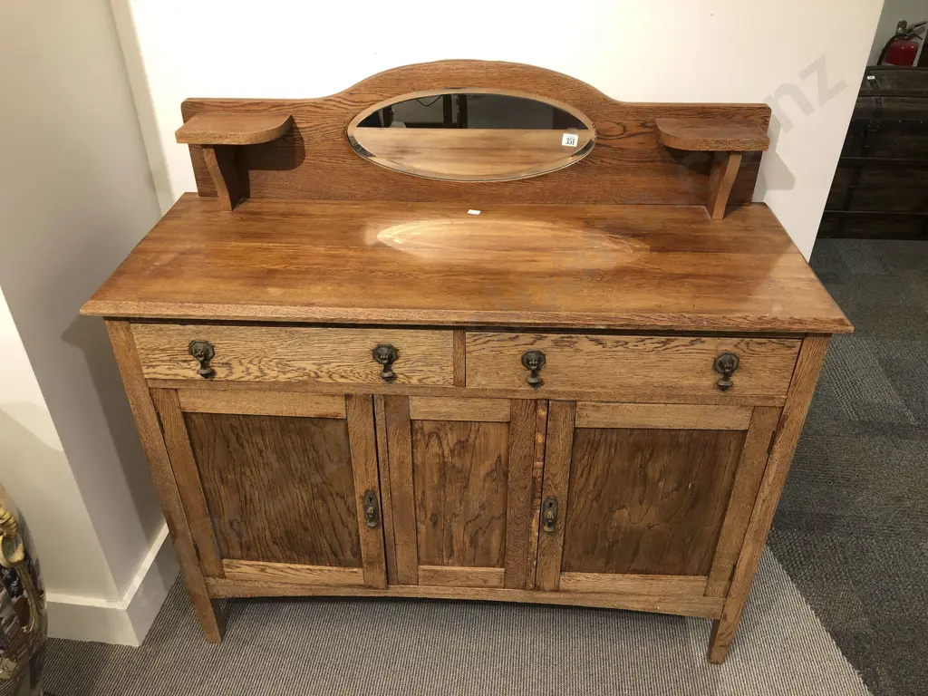 Oak Sideboard with Mirrored and Shelved Gallery Back Image 1++