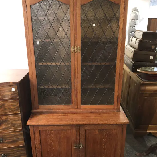 Oak Bookcase Cabinet with Leadlight Doors to Bookcase