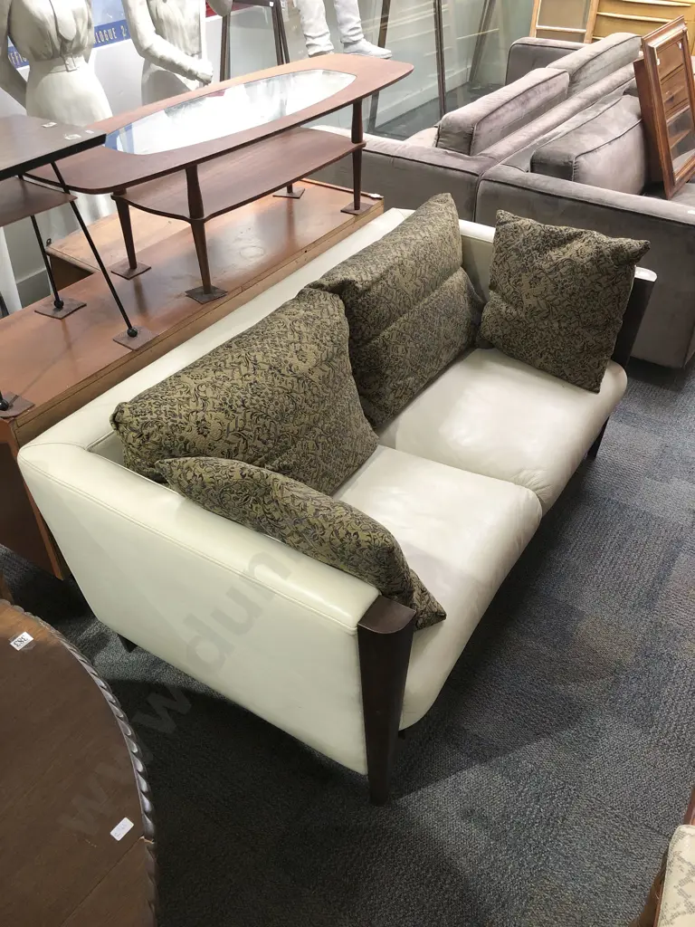 Taiwanese Rosewood Framed Beige Leather Two Seater Sofa Image 1++