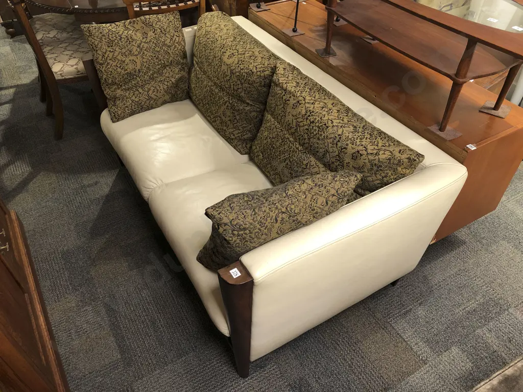 Taiwanese Rosewood Framed Beige Leather Two Seater Sofa Image 1++