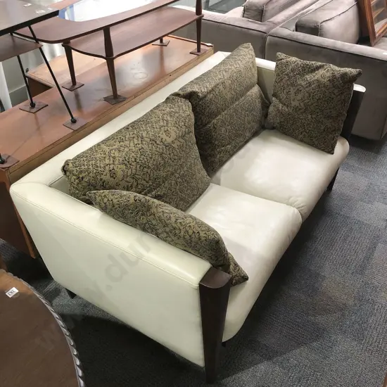 Taiwanese Rosewood Framed Beige Leather Two Seater Sofa