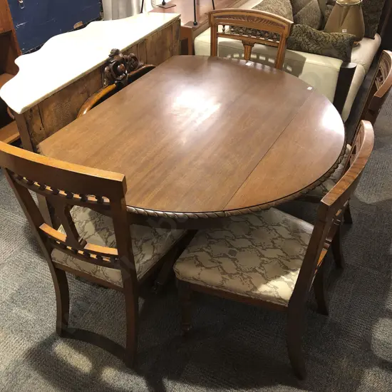 Circular Drop Leaf Table and Four Oak Dining Chairs