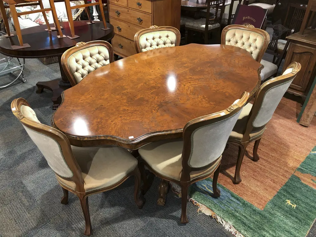Reproduction Burr Walnut Dining Table with Six Button Back Dining Chairs Image 1++