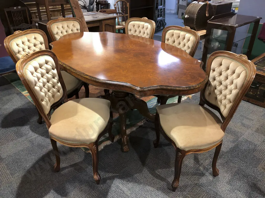 Reproduction Burr Walnut Dining Table with Six Button Back Dining Chairs Image 1++