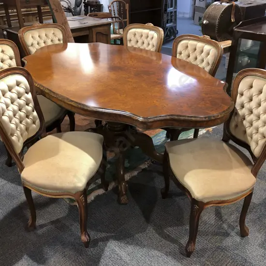 Reproduction Burr Walnut Dining Table with Six Button Back Dining Chairs