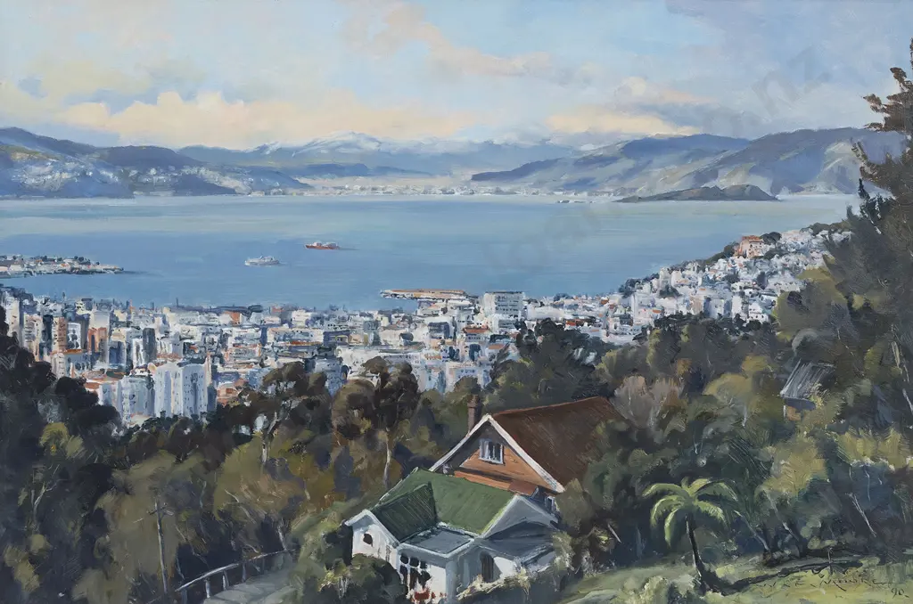 W F Moore (1934 - 2020) - Apartment View Wellington (from Brooklyn) Image 1++