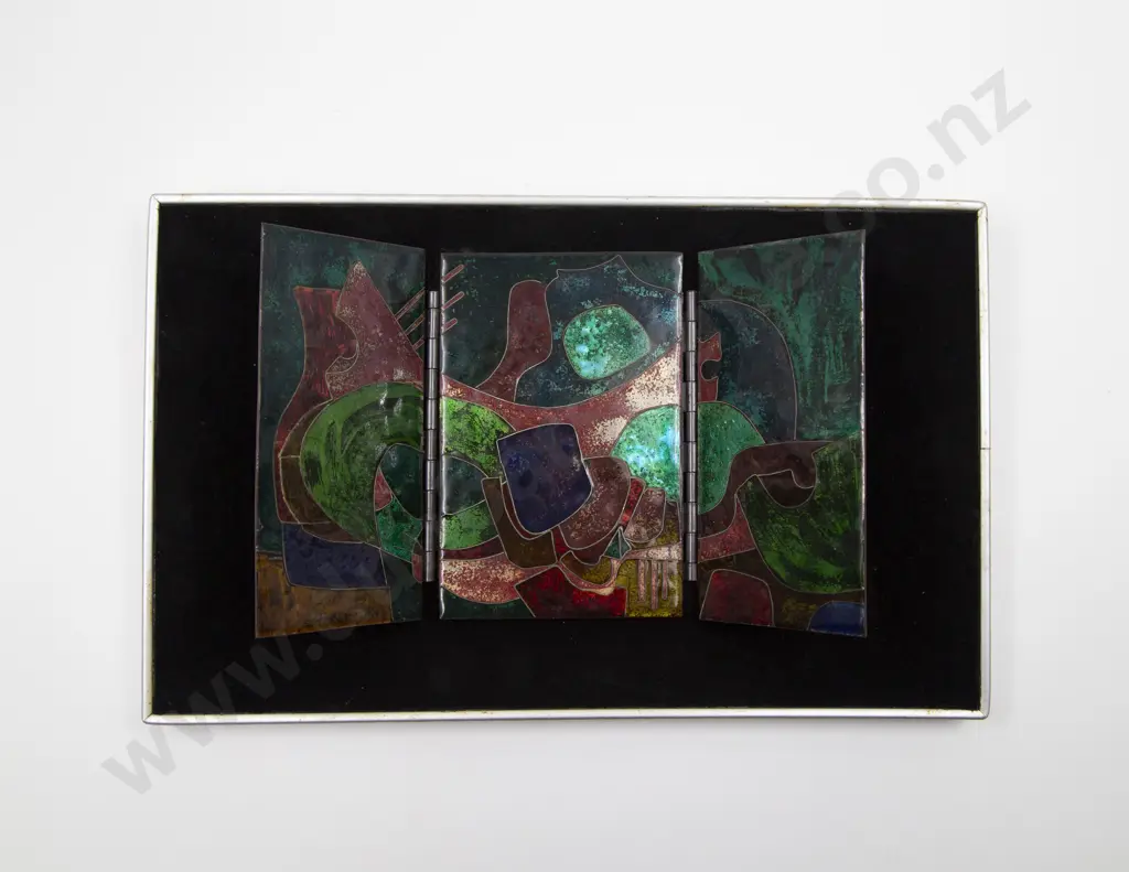 E H Frazer Hinged Silver Cloisonne Triptych on Copper Image 1++