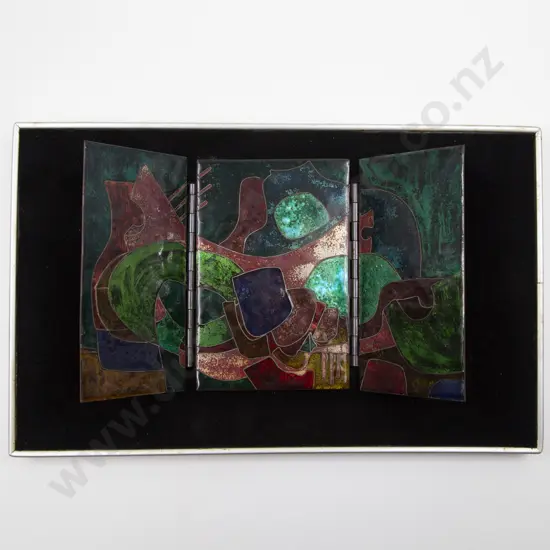 E H Frazer Hinged Silver Cloisonne Triptych on Copper