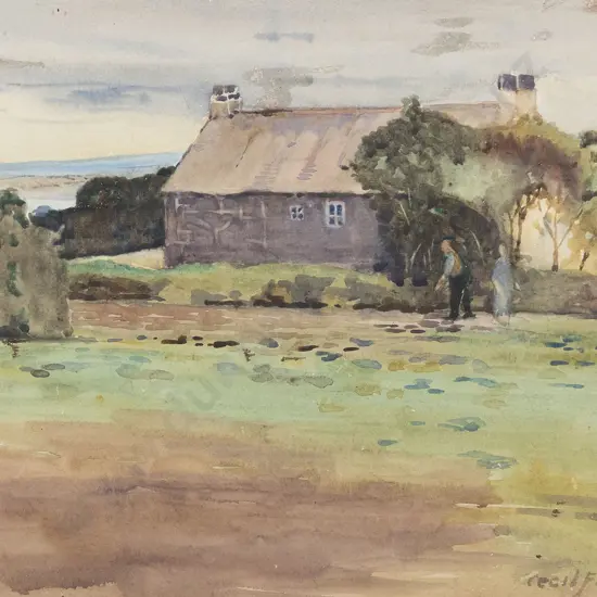 Cecil F Kelly (1879 - 1954) - Untitled Cottage with Figures