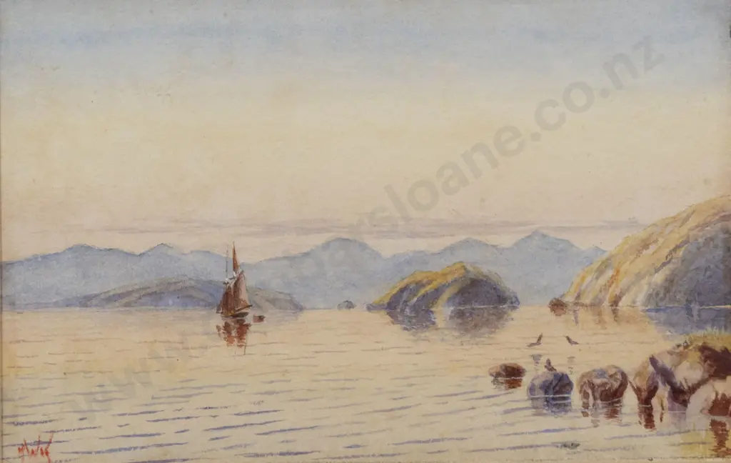 Henry William Kirkwood (1854 - 1925) - Coastal Scene with Sailboat Image 1++