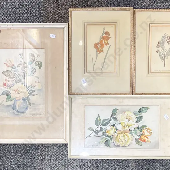Two Floral Still Life Watercolours by E.M. Dinnie together with Two Botanical Prints