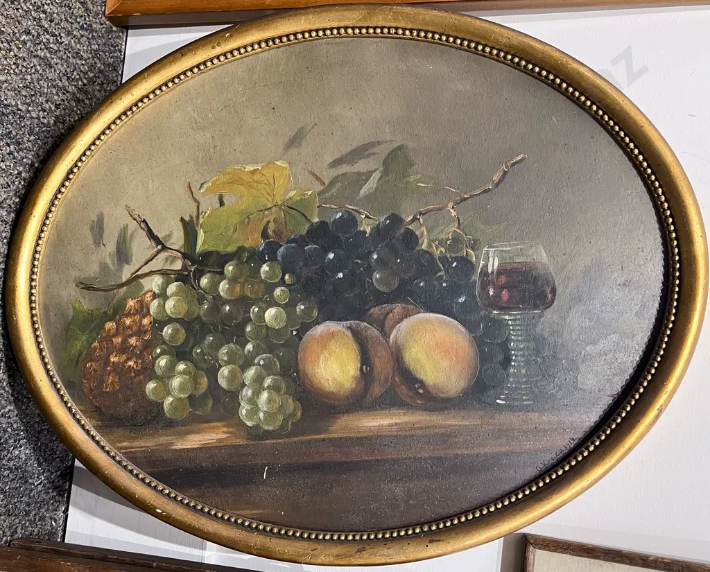 Vintage Oil on Board Still Life together with Print & Small Circular Mirror Image 1++