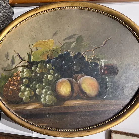 Vintage Oil on Board Still Life together with Print & Small Circular Mirror