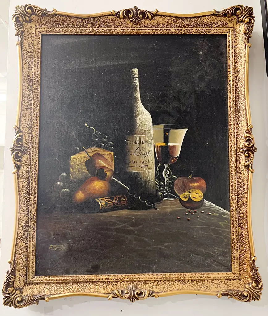 M. Morgan - Still Life of Wine Cheese and Fruit - Oil on Board Image 1++