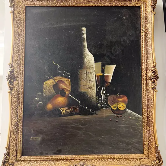 M. Morgan - Still Life of Wine Cheese and Fruit - Oil on Board