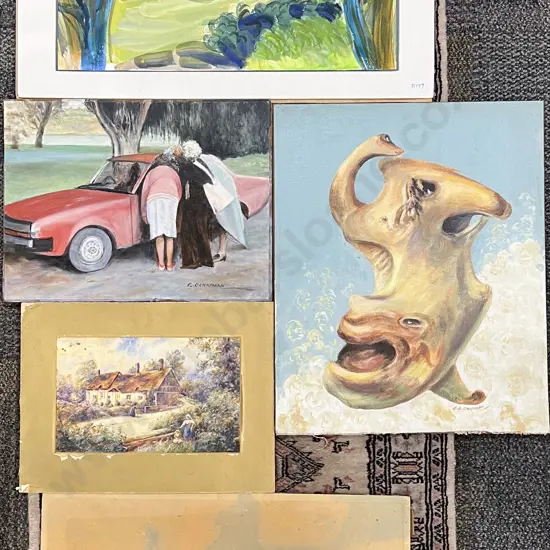 Two Oil on Boards by E.O. Chapman together with Three Other Loose Works