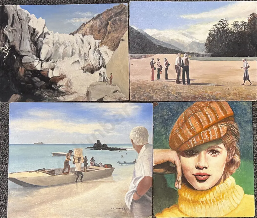 Two Oil on Boards by E.O. Chapman together with Three Other Loose Works Image 1++