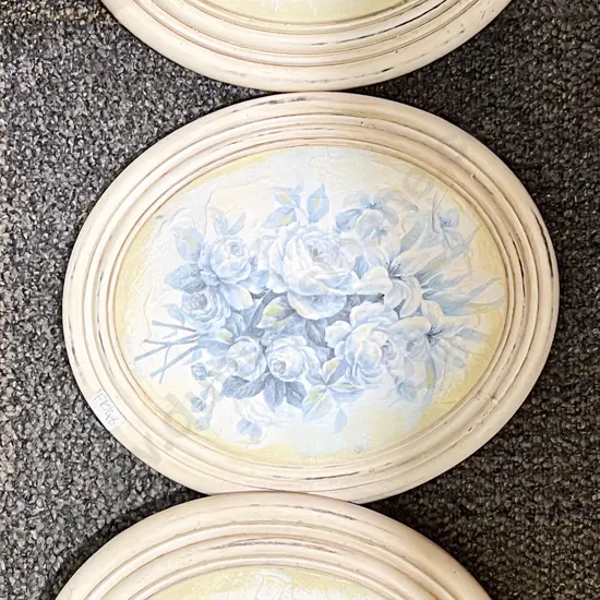 Three Oval Floral Works together with Art Deco Decorative Mirror