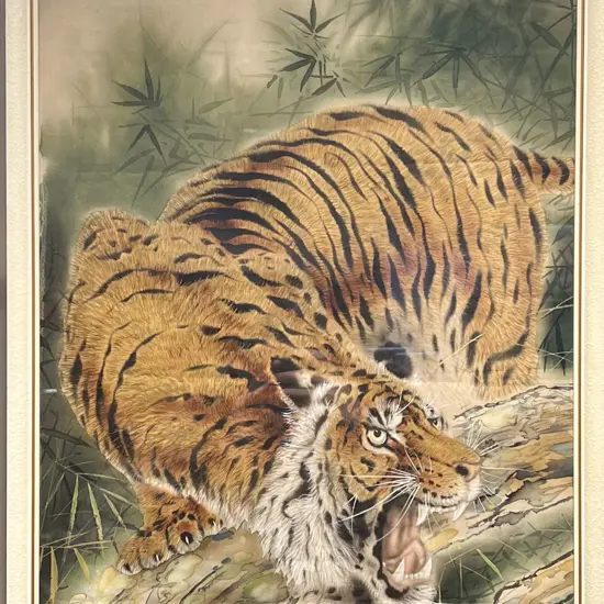 Framed Japanese Scroll Depicting Tiger - Watercolour on Silk