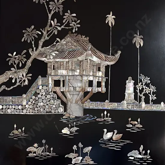 Asian Ebonised Panel with Mother of Pearl Inlay