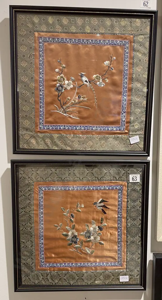Pair of  Framed Asian Embroideries on Silk Image 1++