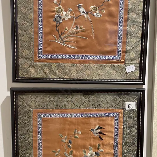 Pair of  Framed Asian Embroideries on Silk