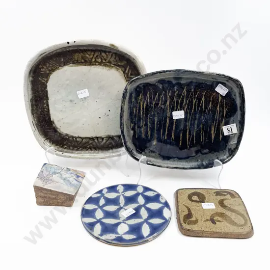 Two NZ Pottery Dishes Two Trivets & Ceramic Paperweight (5)