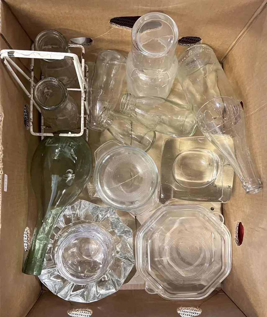 Box of Assorted Glassware including Vintage Half Pint Milk Bottles Image 1++