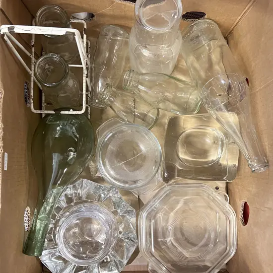 Box of Assorted Glassware including Vintage Half Pint Milk Bottles