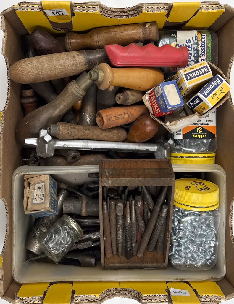 Small Box of Assorted Vintage Tools & Handles etc Image 1++