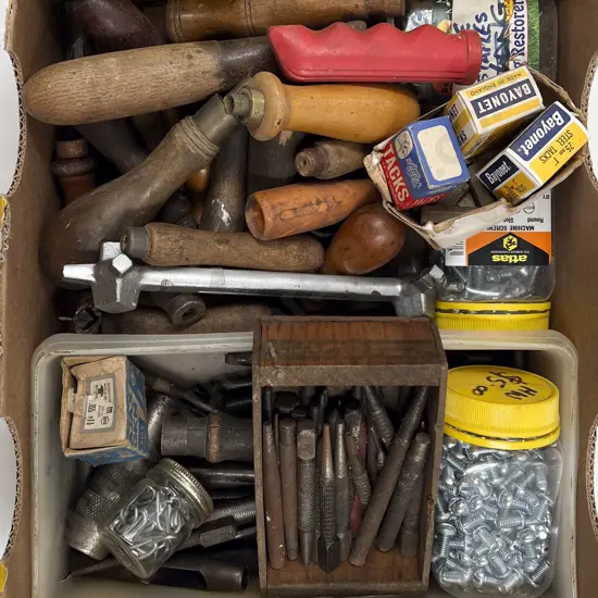 Small Box of Assorted Vintage Tools & Handles etc