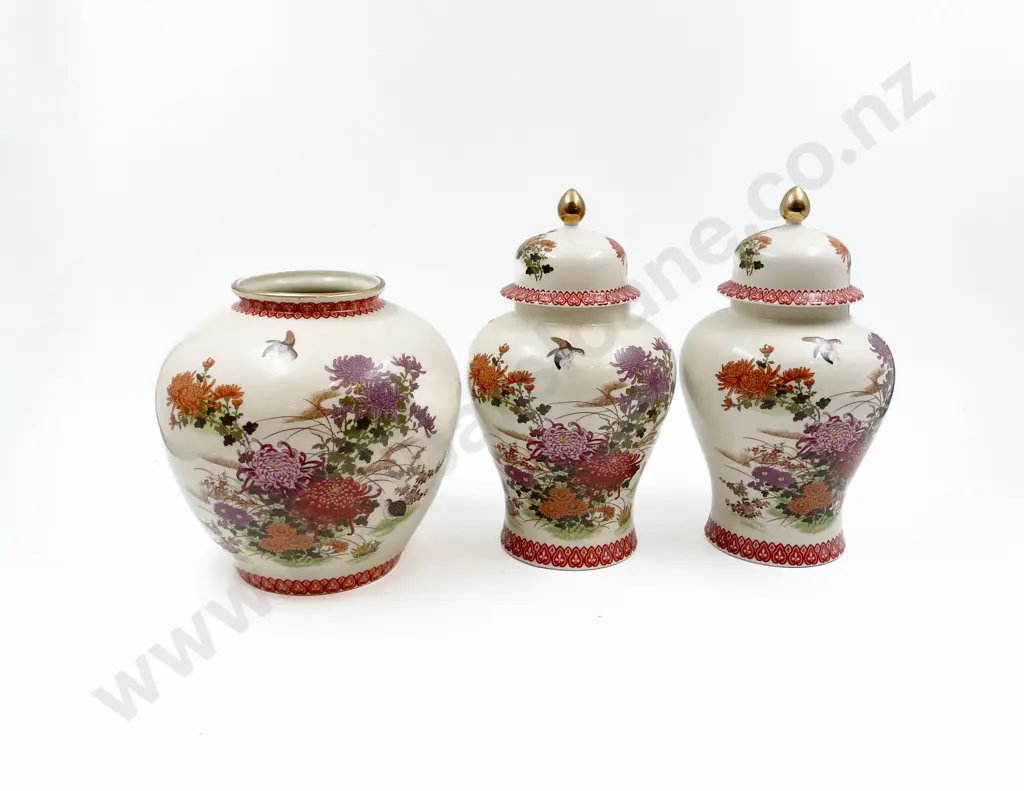 Pair of Japanese Urns Together with Vase Image 1++