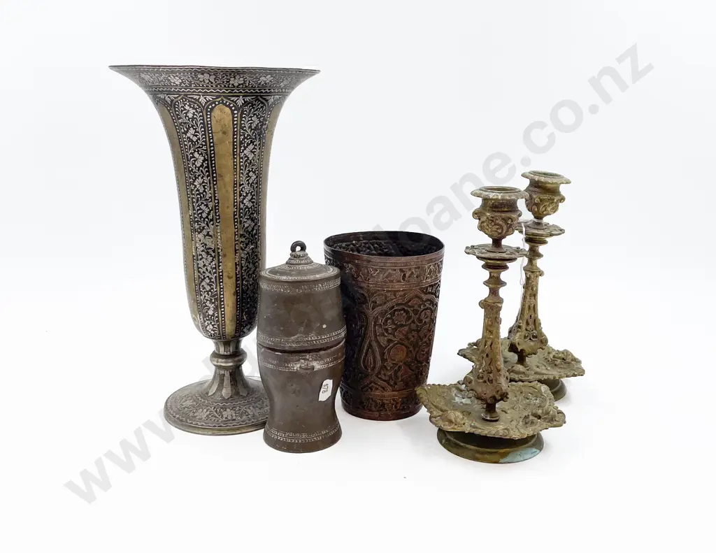 Pair of Ornate Brass Candlesticks Together with Three Others Image 1++