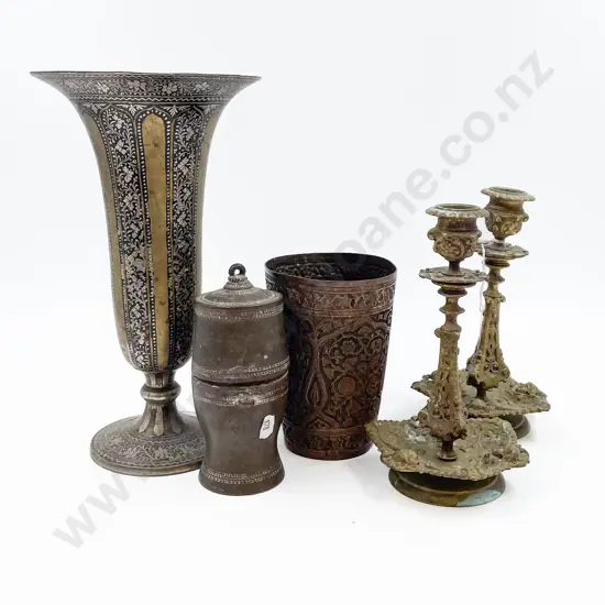 Pair of Ornate Brass Candlesticks Together with Three Others