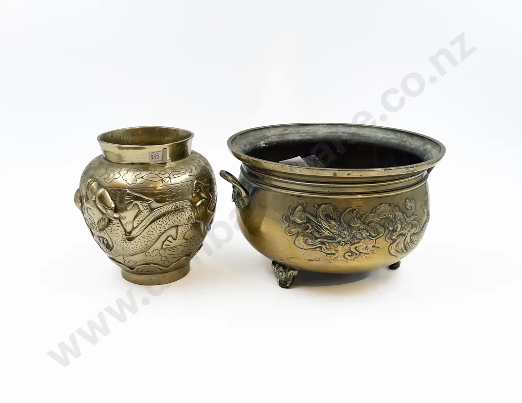 Small Brass Dragon Decorated Footed Planter Together with Vase Image 1++