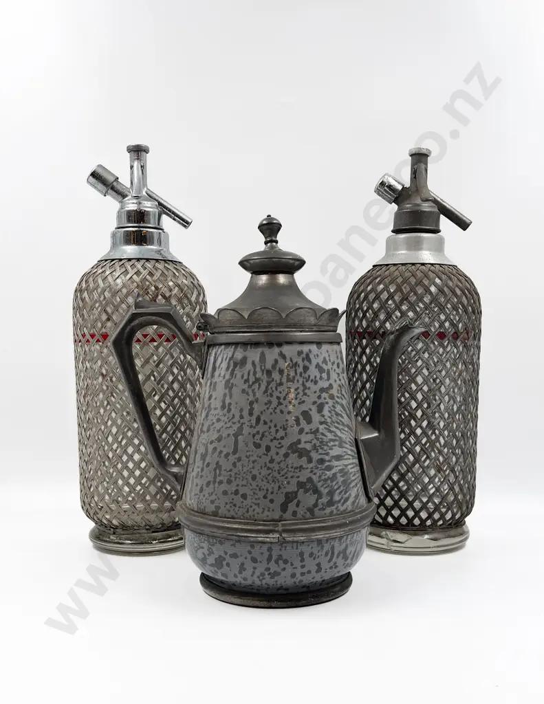 Pair of Soda Syphons Together with Decorative Pewter Teapot Image 1++