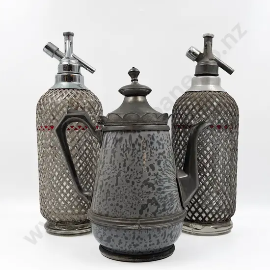 Pair of Soda Syphons Together with Decorative Pewter Teapot