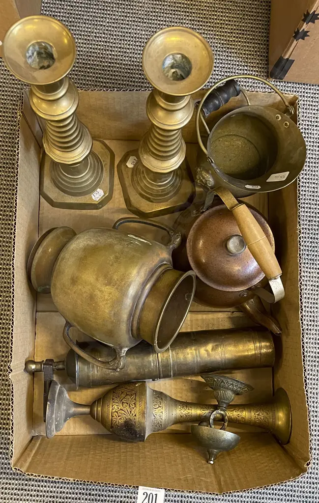 Box of Assorted Brass Ware etc Including Candlesticks Image 1++
