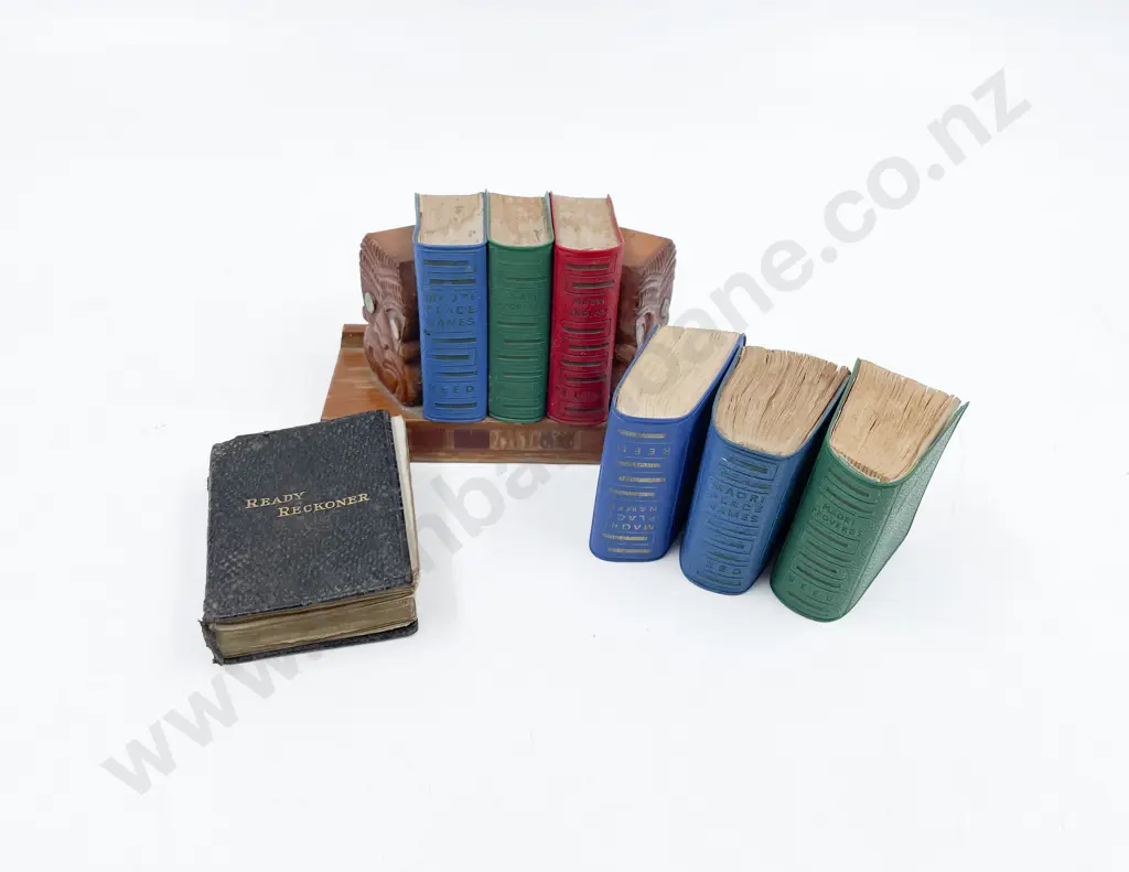 Six Miniature Maori Reference Books Together with NZ Timber Book Ends Image 1++