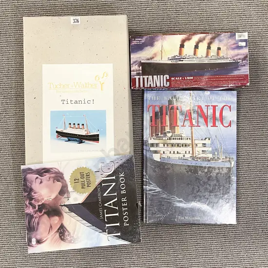 Quantity of Assorted Various Titanic Merch Including Poster and Kitset Wind up Boat