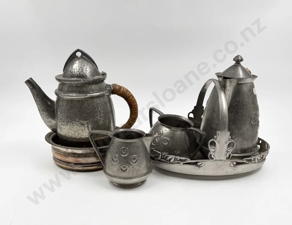 English Pewter Three Piece Tea Set Together with Wine Coaster and Art Nouveau Basket Image 1++