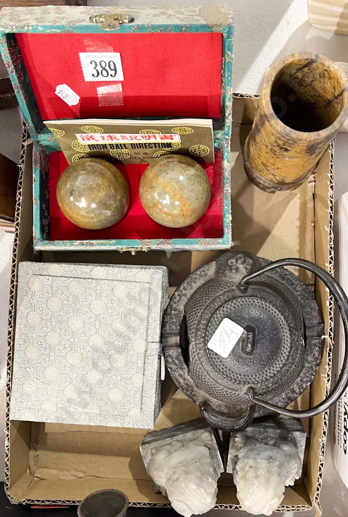 Small Box of Assorted Including Meditation Bowls and Pair of Soap Stone Temple Dogs Image 1++