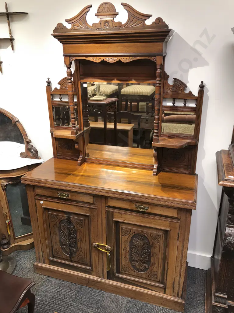Arts and Crafts Carved Door Sideboard with Mirrored Gallery Back Image 1++