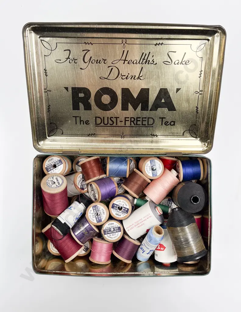 Quantity New & Used Sylko & Other Cottons on Wooden Reels in Tin Sewing Box Image 1++
