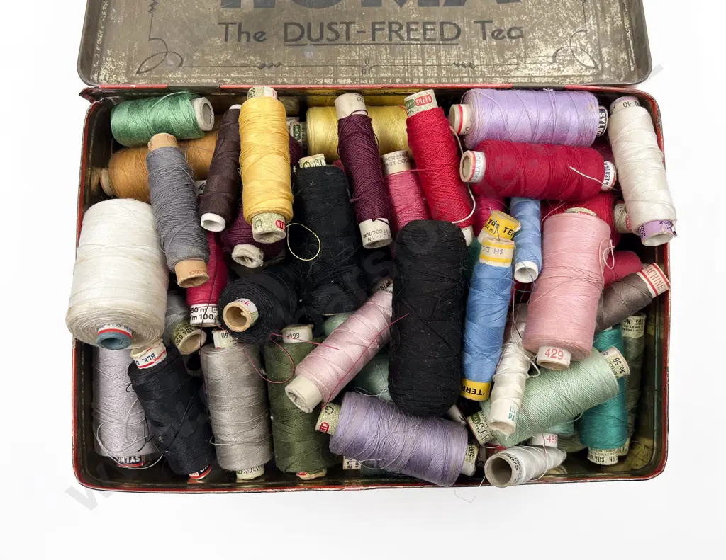 Quantity Mainly Used Coats Cottons on Card Reels in Tin Sewing Box Image 1++