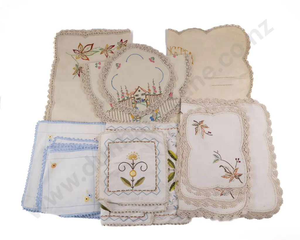 Six Vintage Embroidered Linen Tray Cloths & Sets Image 1++