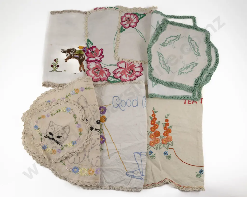 Seven Vintage Embroidered Linen Tray Cloths & Sets Image 1++